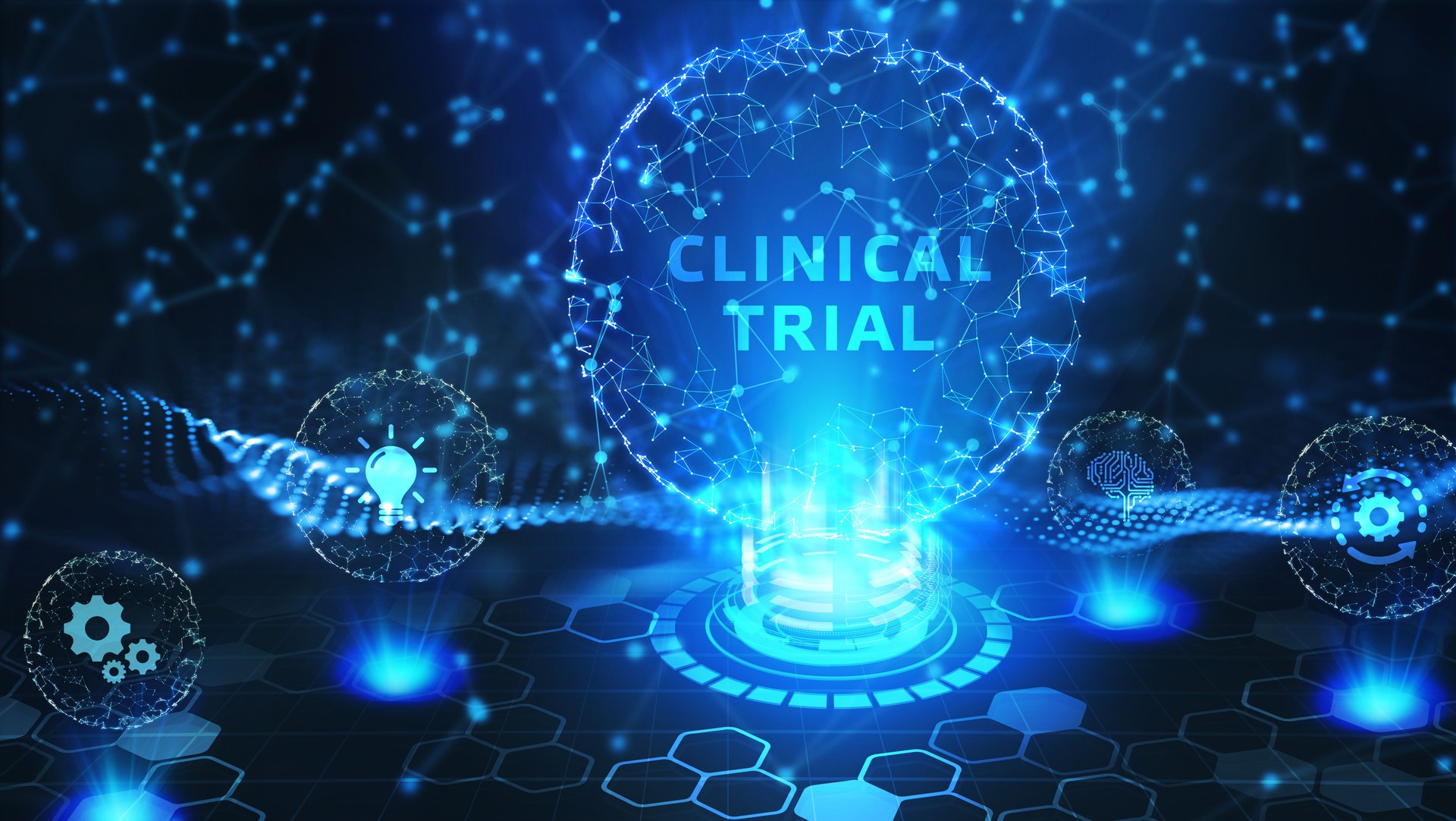 Business, Technology, Internet and network concept. Business man working on the tablet of the future, select on the virtual display: Clinical trial
